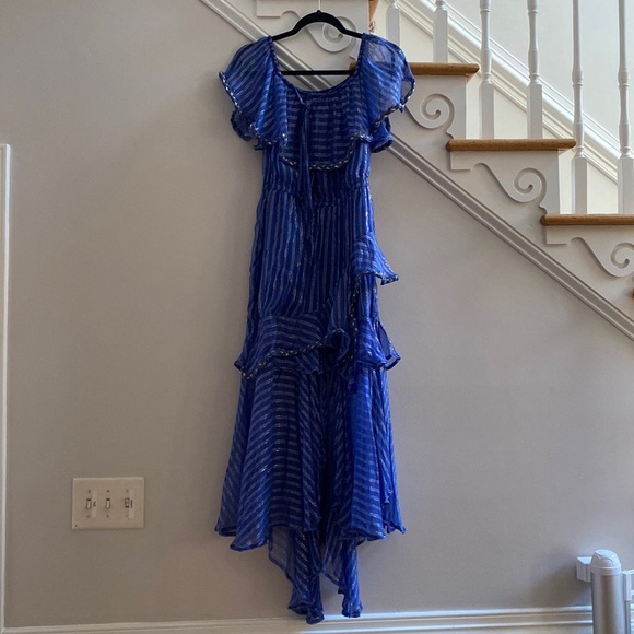 MISA Ambrosia Ruffle Hem Striped Midi Dress‎ Metallic Gold Royal Blue Tiered NEW - Picture 5 of 14